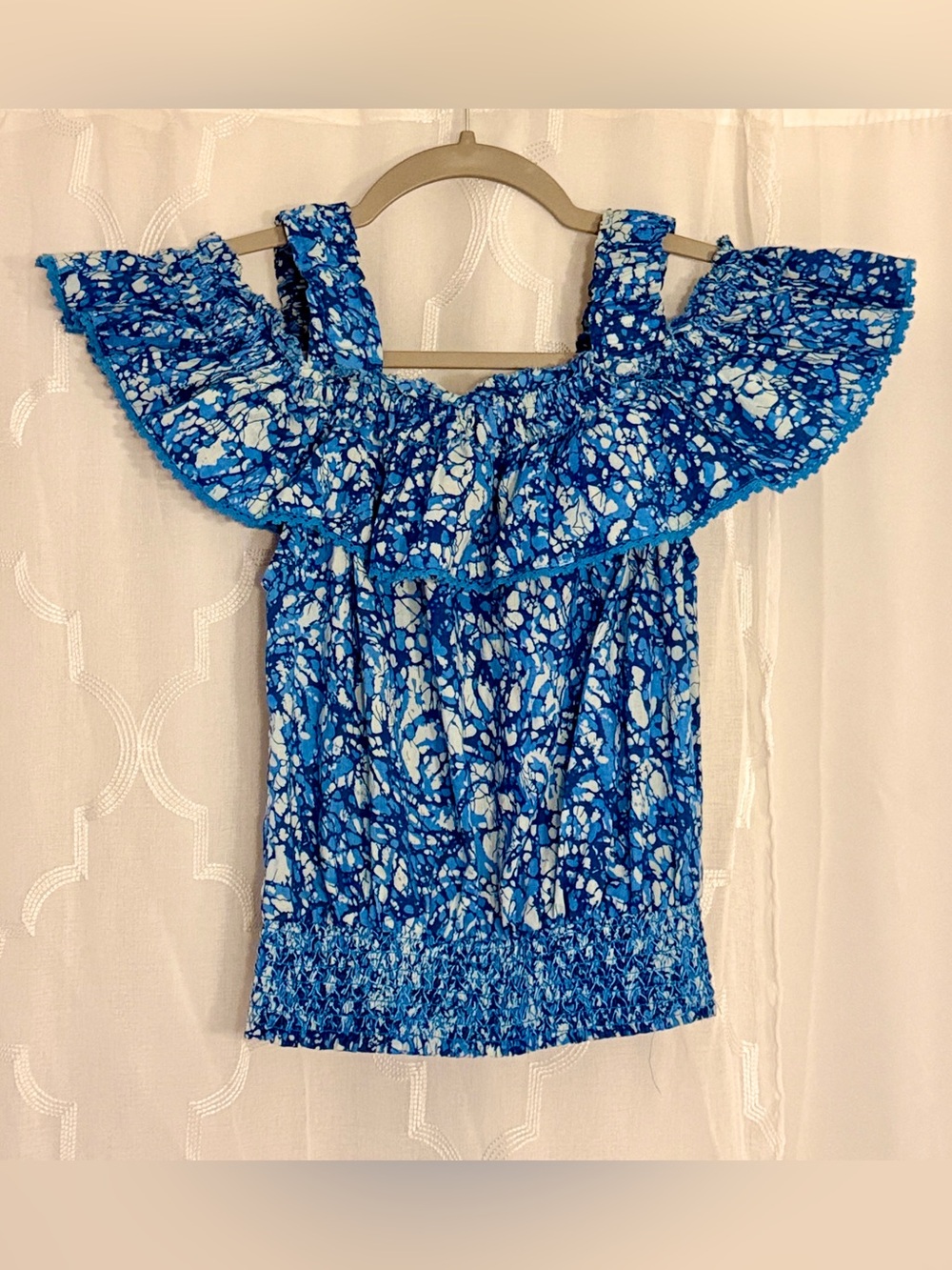 House of Harlow 1960 Blue Floral Smocked Off Shoulder Top Size Medium